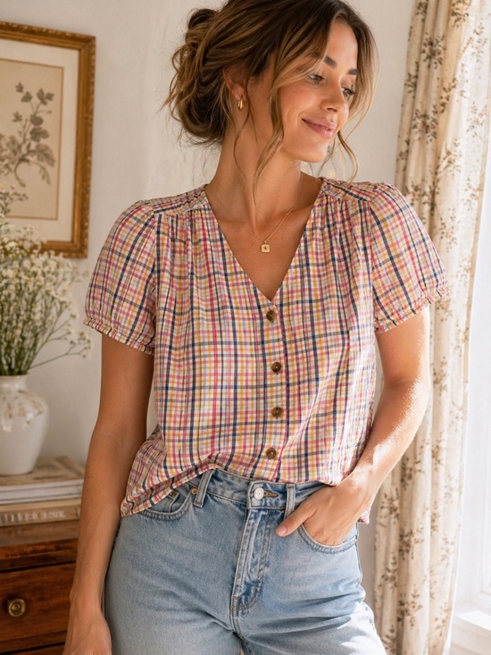 a.n.a Tops - A.N.A Plaid Cottagecore XS Peasant Top Puff Sleeve Button Front Lightweight